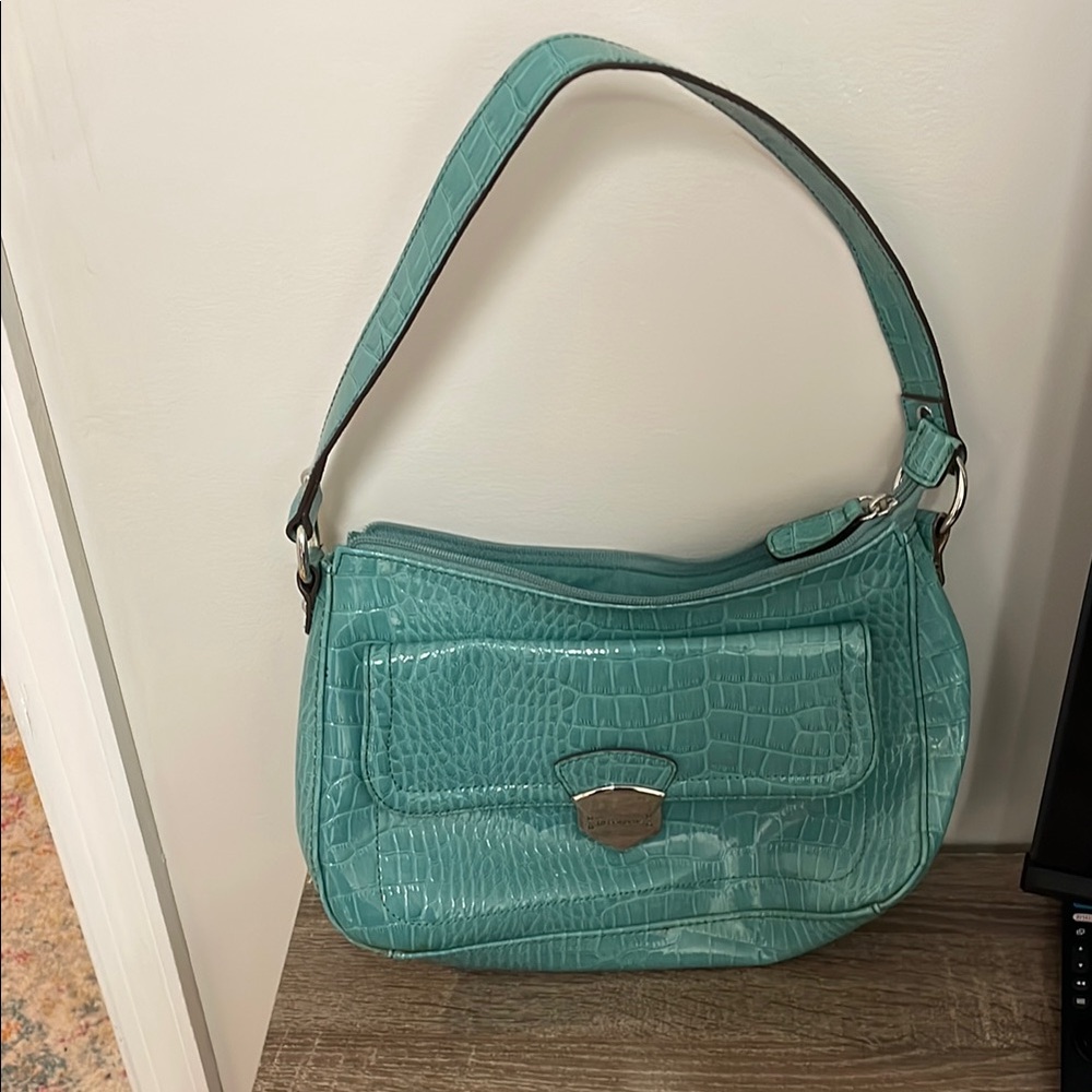Aqua Crocodile-Embossed Shoulder Bag